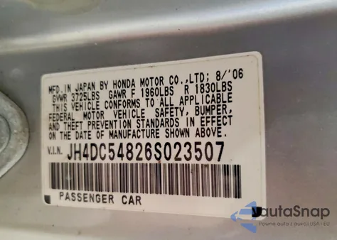 2006 Acura Rsx z USA, uszkodzony, nr VIN JH4DC54826S023507